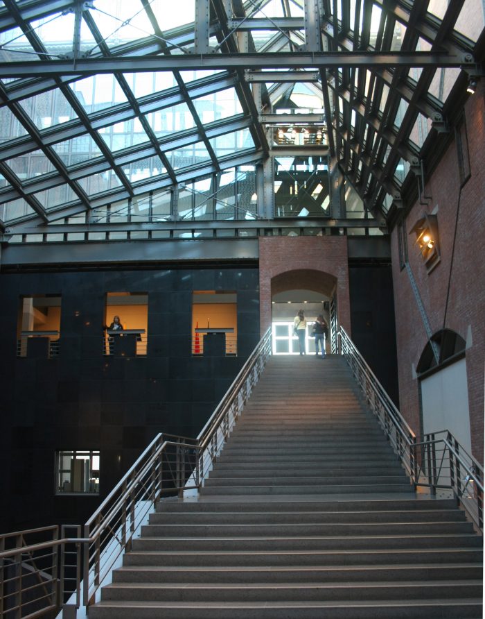 This image shows the "Hall of Witness," in the interior of the United States Holocaust Memorial Museum in Washington, DC