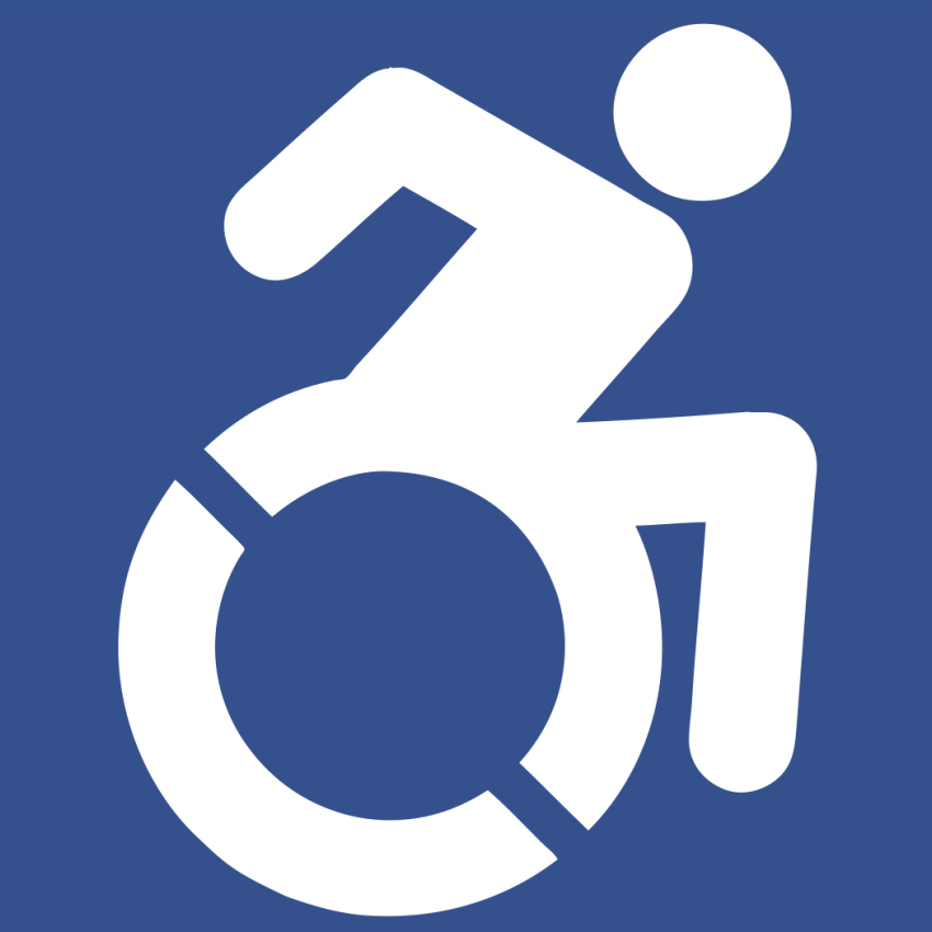 White abstract outline of person using wheelchair to move forward on a blue background.