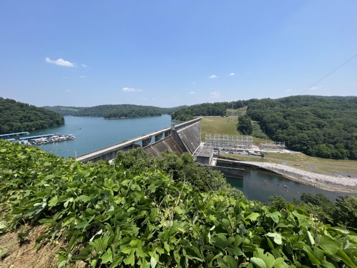 A color photograph of a dam